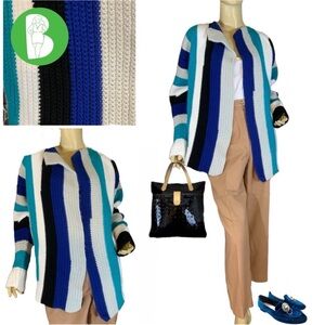 HANDMADE BLUE, BLACK, GRAY AND WHITE STRIPED CROCHET CARDIGAN (L)
